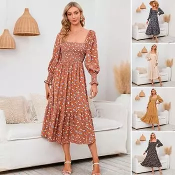 Женское платье с длинными рукавами, цветочным принтом, А-силуэтом, квадратным вырезом, миди-платьем, эластичным бюстом, открытой спиной, плиссированным подолом, весна-осень M розовый