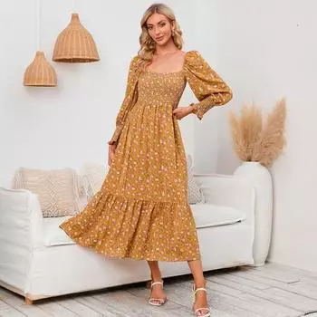 Женское платье с длинными рукавами, цветочным принтом, А-силуэтом, квадратным вырезом, миди-платьем, эластичным бюстом, открытой спиной, плиссированным подолом, весна-осень S розовый