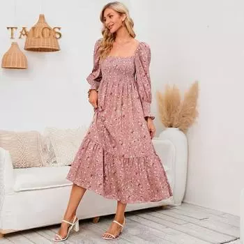 Женское платье с длинными рукавами, цветочным принтом, А-силуэтом, квадратным вырезом, миди-платьем, эластичным бюстом, открытой спиной, плиссированным подолом, весна-осень S абрикосовый