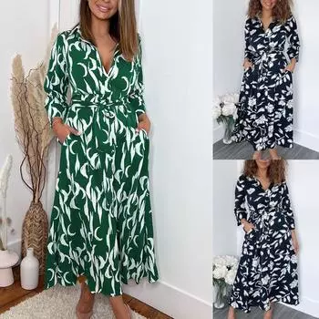 Женское платье с длинными рукавами и цветочным принтом Платье с v-образным вырезом Кружевное повседневное женское платье S зелёный