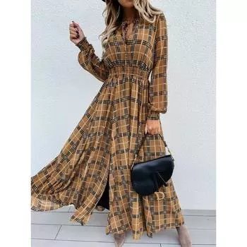 Женское платье с длинными рукавами и разрезом на талии в клетку S