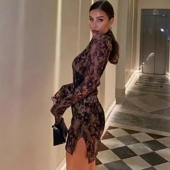 Женское платье с длинными рукавами и разрезом в европейском и американском стиле, осень 2023 г.