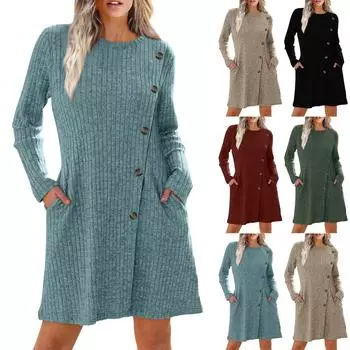 Женское платье с длинными рукавами, платье-свитер с завязками на талии и карманами, модное L чёрный