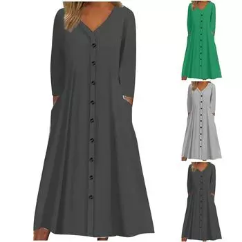 Женское платье с длинными рукавами, повседневное, свободное, с V-образным вырезом, однобортное, с карманами, А-силуэта M армия зеленый