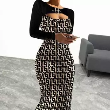 Женское платье с длинными рукавами, рабочая одежда, удобное стильное простое сексуальное облегающее длинное платье с полым спереди и принтом, уличная одежда S чёрный