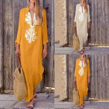 Женское платье с длинными рукавами с v-образным вырезом и принтом, свободное тонкое платье из хлопка и льна S жёлтый