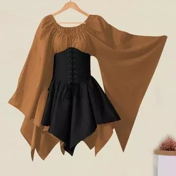 Женское платье с длинными рукавами, средневековый винтажный костюм эльфа-феи, ретро-платье с рукавами-колокольчиками и поясом в стиле пэчворк для косплея на Хэллоуин M темно-зеленого