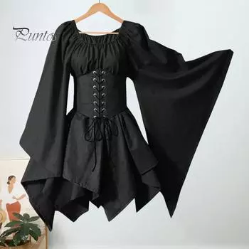 Женское платье с длинными рукавами, средневековый винтажный костюм эльфа-феи, ретро-платье с рукавами-колокольчиками и поясом в стиле пэчворк для косплея на Хэллоуин L темно-зеленого