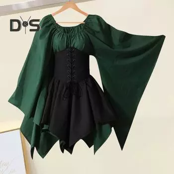 Женское платье с длинными рукавами, средневековый винтажный костюм эльфа-феи, ретро-платье с рукавами-колокольчиками и поясом в стиле пэчворк для косплея на Хэллоуин M чёрный