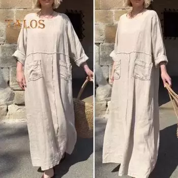 Женское платье с длинными рукавами, свободное однотонное длинное платье с карманами, ретро-стиль, платье трапециевидной формы с круглым вырезом для офиса, повседневной жизни, пляжной вечеринки M чёрный