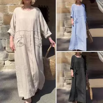 Женское платье с длинными рукавами, свободное однотонное длинное платье с карманами, ретро-стиль, платье с круглым вырезом для офиса, повседневное M чёрный