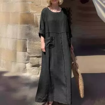 Женское платье с длинными рукавами, свободное однотонное длинное платье с карманами, ретро-стиль, платье трапециевидной формы с круглым вырезом для офиса, повседневной жизни, пляжной вечеринки M чёрный