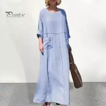 Женское платье с длинными рукавами, свободное однотонное длинное платье с карманами, ретро-стиль, платье трапециевидной формы с круглым вырезом для офиса, повседневной жизни, пляжной вечеринки M чёрный