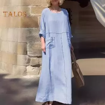 Женское платье с длинными рукавами, свободное однотонное длинное платье с карманами, ретро-стиль, платье трапециевидной формы с круглым вырезом для офиса, повседневной жизни, пляжной вечеринки M чёрный