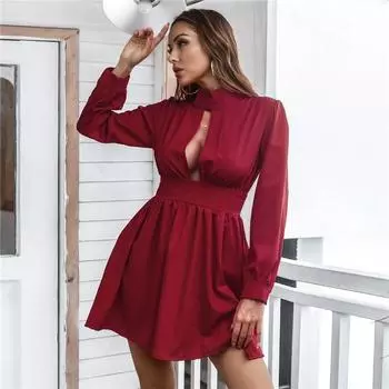 Женское платье с длинными рукавами выше колена, весна-лето, трапециевидное платье с воротником-стойкой и высокой талией, тонкое однотонное платье S-XL S бордовый