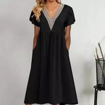 Женское платье с двойным карманом и коротким рукавом, с V-образным вырезом, плиссированная пляжная одежда, платье трапециевидной формы с большим подолом, одежда для свиданий 3XL серый