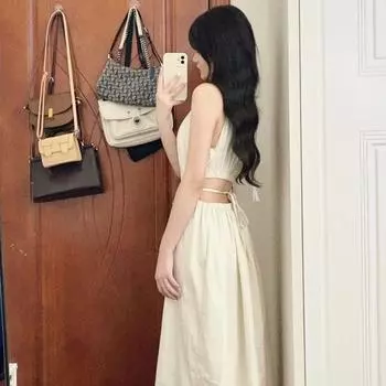 Женское платье с французской талией и бретелью через шею, летнее высококачественное длинное платье с морским принтом S абрикосовый