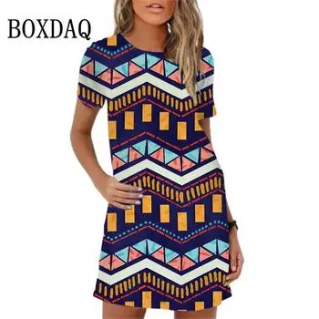 Женское платье с геометрическим принтом, летнее, новое, с короткими рукавами и круглым вырезом, свободное мини-платье, повседневное женское платье в стиле ретро с 3D-принтом S