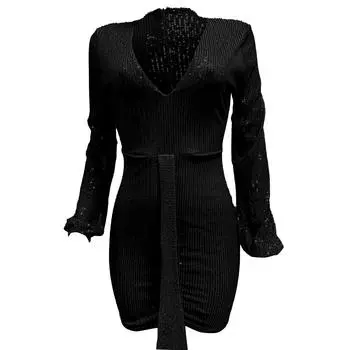 Женское платье с глубоким V-образным вырезом, с длинными рукавами, пайетками, обтянутыми бедрами L чёрный
