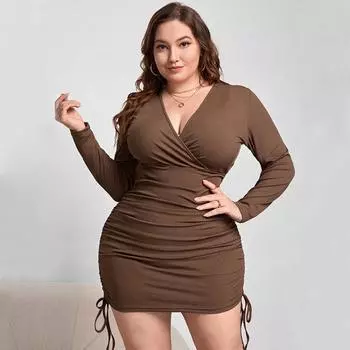 Женское платье с глубоким v-образным вырезом и длинным рукавом, с запахом бедра, темпераментное модное сексуальное вечернее платье размера плюс, тонкое платье с высокой талией, дизайн со складками по бокам XL темно-коричневого