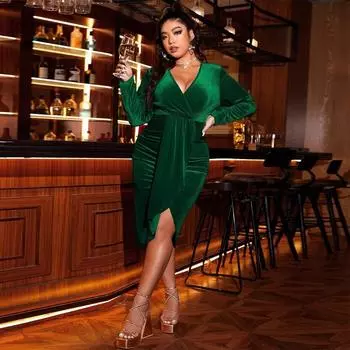 Женское платье с глубоким v-образным вырезом и длинным рукавом, высокой талией и разрезом, темпераментное модное сексуальное вечернее бархатное платье с запахом бедер, тонкое зеленое платье больших размеров XL