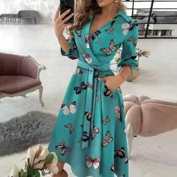 Женское платье с глубоким v-образным вырезом и цветочным принтом, винтажное платье с поясом S оранжевый