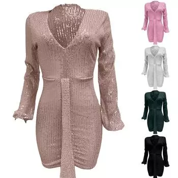 Женское платье с глубоким V-образным вырезом, с длинными рукавами, пайетками, обтянутыми бедрами M хаки