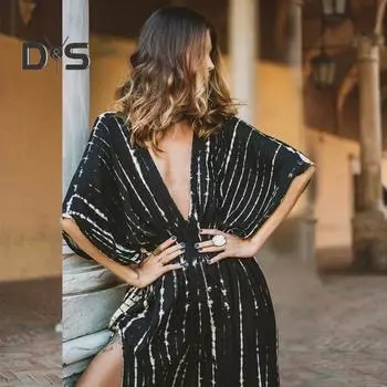 Женское платье с глубоким V-образным вырезом, в полоску, в тон, плиссированное, с коротким рукавом, с высокой талией, с разрезом по низу, бикини, накидка, купальник, халат, макси-платье для отпуска чёрный