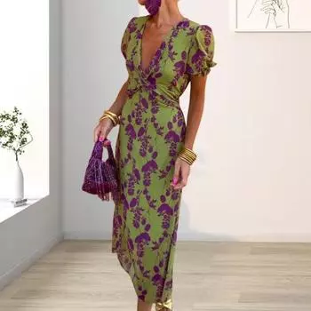 Женское платье с глубоким V-образным вырезом в тон с цветочным принтом и короткими рукавами, облегающее платье длиной до середины икры для выпускного вечера L зелёный