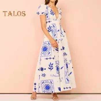 Женское платье с глубоким V-образным вырезом, сочетающееся по цвету с принтом и пузырьковыми рукавами, трапециевидной формы с большим подолом и боковыми карманами, платье макси для выпускного вечера, летнее вечернее платье M