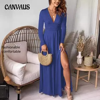 Женское платье с глубоким V-образным вырезом и длинными рукавами, плиссированное, с высокой талией, с разрезом, вечернее платье для клуба S чёрный