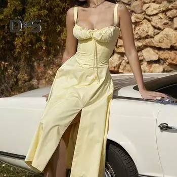 Женское платье с глубоким вырезом и рукавами на спине с цветочным принтом, с высокой узкой талией и высоким разрезом, летнее платье миди для вечеринки, выпускного вечера, пляжное платье M абрикосовый