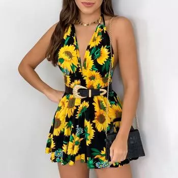 Женское платье с глубоким вырезом и открытой спиной с цветочным принтом и поясом