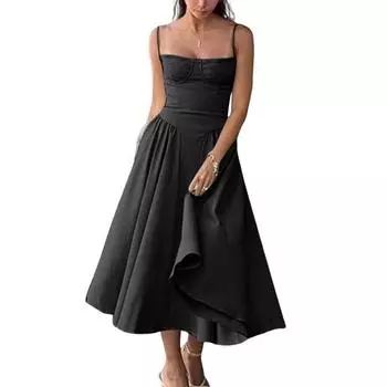 Женское платье с глубоким вырезом на тонких бретельках и открытой спиной без рукавов А-силуэта, большие качели, чистый цвет, тонкая талия, плиссированное платье миди для коктейльной вечеринки, выпускного вечера S