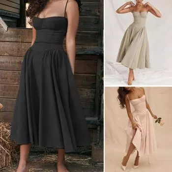 Женское платье с глубоким вырезом на тонких бретельках, открытой спиной, без рукавов, трапециевидной формы, большие качели, чистый цвет, тонкая талия, плиссированная коктейльная одежда S чёрный