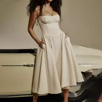 Женское платье с глубоким вырезом на тонких бретельках и открытой спиной без рукавов во французском придворном стиле А-силуэта с большими качелями с тонкой талией Плиссированное платье миди для коктейльной вечеринки и выпускного вечера L светло-зеленый