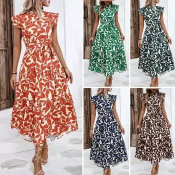 Женское платье с гофрированными летящими рукавами, цвет листьев, соответствующий принт, на шнуровке, с узкой талией, с воротником-стойкой, трапециевидной формы, с большими качелями, плиссированным, лоскутным, для выпускного вечера, миди-платье 2XL темно-с