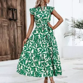 Женское платье с гофрированными летящими рукавами, цвет листьев, соответствующий принт, на шнуровке, с узкой талией, воротник-стойка, трапециевидной формы, большие качели, плиссированные, пэчворк, подол, вечеринка для выпускного вечера M зелёный