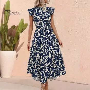 Женское платье с гофрированными летящими рукавами, цвет листьев, соответствующий принт, на шнуровке, с узкой талией, воротник-стойка, трапециевидной формы, большие качели, плиссированные, пэчворк, подол, вечеринка для выпускного вечера 2XL темно-серого