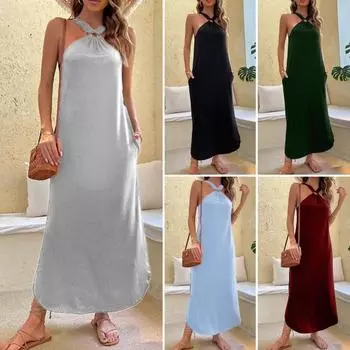 Женское платье с халтер-воротом, открытыми плечами, без рукавов, свободное макси-платье с карманами, летнее пляжное платье для отдыха XL армия зеленый