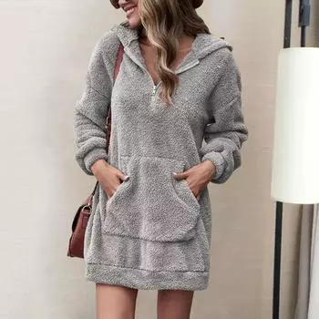 Женское платье с капюшоном и большим карманом, с длинными рукавами, из плотного плюша, однотонное, свободное M хаки