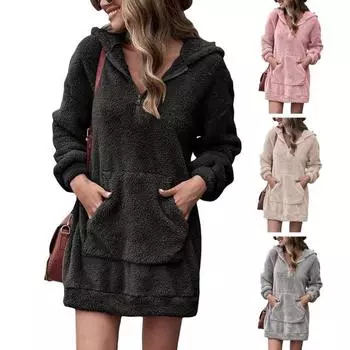 Женское платье с капюшоном и большим карманом, с длинными рукавами, из плотного плюша, однотонное, свободное мини-платье, повседневная одежда, повседневный топ средней длины M серый