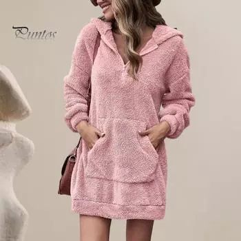 Женское платье с капюшоном и большим карманом, с длинными рукавами, из плотного плюша, однотонное, свободное мини-платье, повседневная одежда, повседневный топ средней длины M хаки