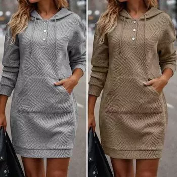 Женское платье с капюшоном средней длины с накладным карманом, сплошной цвет, пуловер, топы, платье, осень-зима, теплая толстовка с капюшоном на шнурке, женская повседневная одежда XL хаки