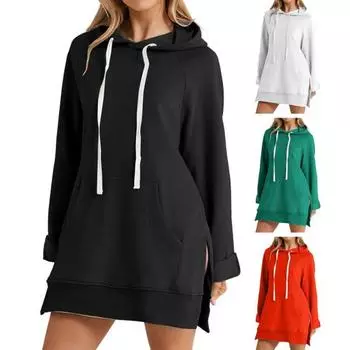 Женское платье с капюшоном, свободный однотонный цвет, с разрезом, завязками на талии, с большим карманом, с капюшоном, средней длины, для поездок на работу, свиданий, спортивная толстовка с капюшоном M белый