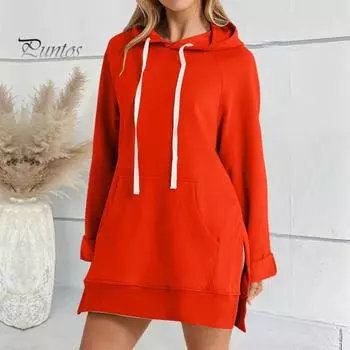 Женское платье с капюшоном, свободный однотонный цвет, с разрезом, завязками на талии, с большим карманом, с капюшоном, средней длины, для поездок на работу, свиданий, спортивная толстовка с капюшоном M зелёный