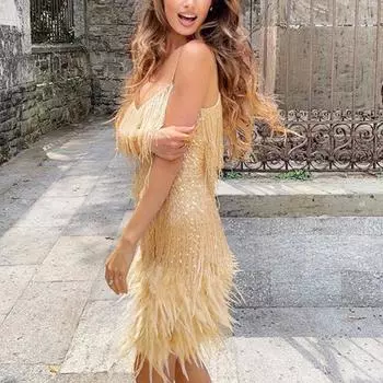 Женское платье с кисточками и блестками, V-образным вырезом, без рукавов, с открытой спиной, декор из перьев, свободный танцевальный костюм для румбы, ча-ча, мини-клубное вечернее платье M темно-зеленого