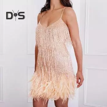 Женское платье с кисточками и пайетками, V-образным вырезом, без рукавов, с открытой спиной, с декором из перьев, свободный танцевальный костюм для румбы-ча-ча, мини-платье для вечеринки в клубе L чёрный