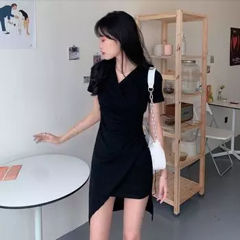 Женское платье с контролем живота, сексуальное модное короткое платье, летняя пляжная одежда, платье для девочек, V-образный воротник S чёрный