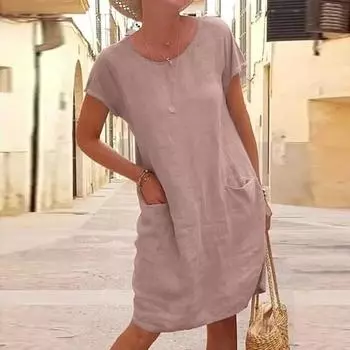 Женское платье с коротким рукавом и круглым вырезом (С карманами) Свободное повседневное однотонное платье миди M